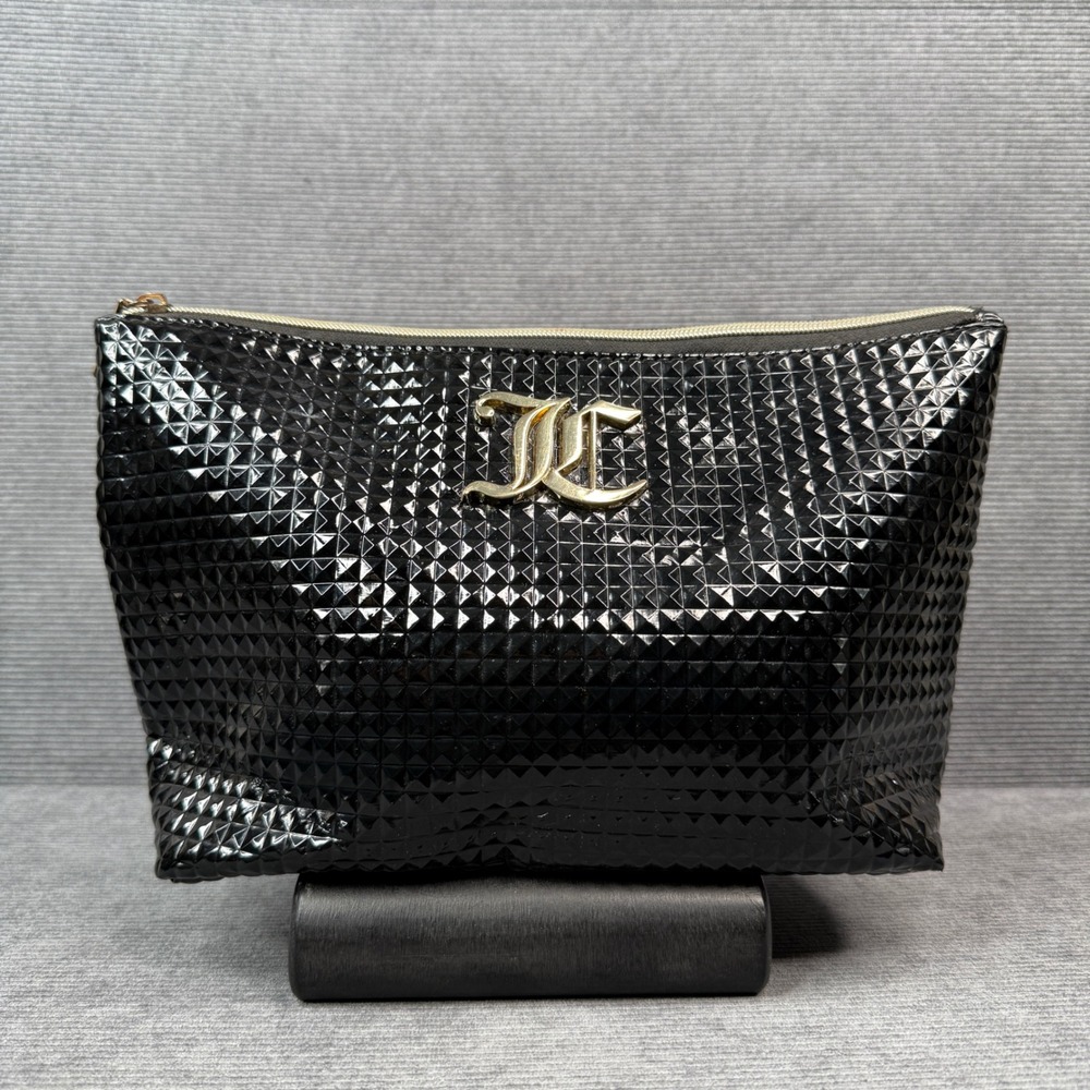 Juicy Couture Black Patent Pyramid Stud Cosmetic Bag Gold JC Logo Pouch 12x8